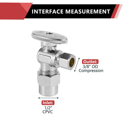 10-Pack One Quarter Turn Angle Shut Off Valves, Three Eighths Inch OD Compression To One Half Inch CPVC Pipe Connection, Chrome Plated Brass
