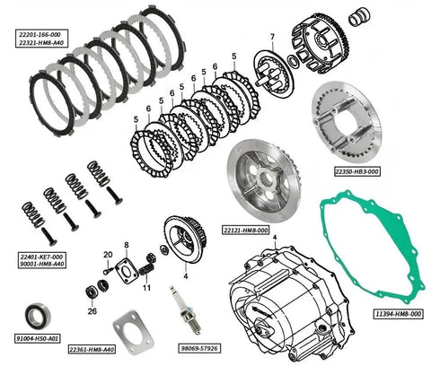 Heavy Duty Clutch Kit With Friction Plate And Induction Hardened Steel Hub Assembly For Honda TRX250X R TE TM ATVs parts layout.