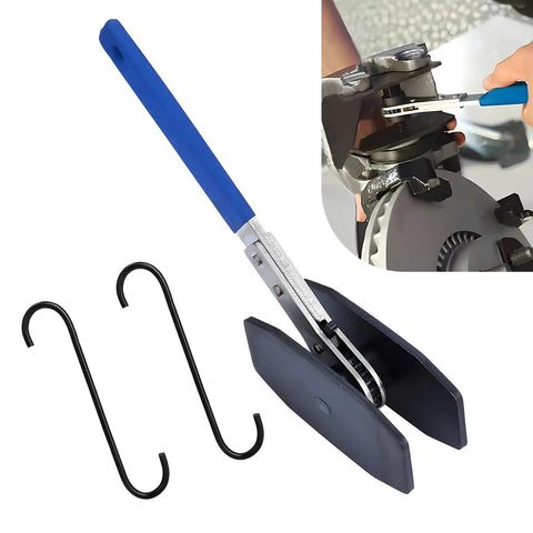 Brake Caliper Compression Tool With Rotating Ratchet 4 In 1 Caliper Press And Wrench shown with blue anti-slip handle and hook accessories.