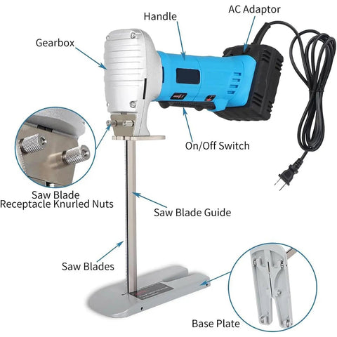 Dual Blade Foam Cutter With Hardened Alloy Blades, 3000 RPM showing parts labeled: handle, AC adaptor, saw blades, base plate
