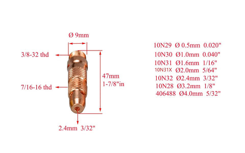 TIG Collet Bodies 10N32 Three Thirty Second Inch Orifice Two Point Four Millimeter for QQ300, showing dimensions and thread size