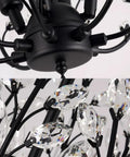 Close-up of 4-Head Dining Room Pendant Light With Branch-Shaped Black Industrial Style Hanging Lamp And Crystal Shade