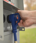 Person plugging RV Extension Cord 25 Feet 30 Amp TT-30P To TT-30R Heavy Duty With Elbow Plugs into power source outdoors.