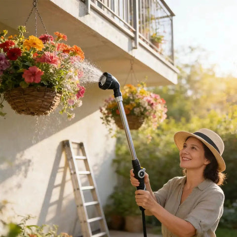 Person using Lightweight Watering Wand With 6 Spray Modes For Hanging Baskets And Windows, 22 Inch Reach, outdoors on flowers