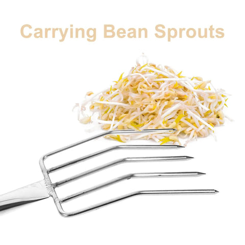 Stainless Steel Bean Sprout Hand Fork For Digging And Transplanting Beefy Heavy Duty Garden Tool holding bean sprouts.