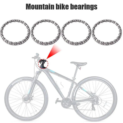 Image of 4 Pack Bike Headset Caged Ball Bearings for 29mm Inner Diameter Frames with bicycle diagram for front forks and rear pearl retainers.