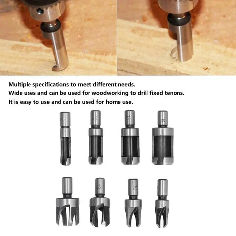 Top Shelf Eight Piece Cork Drill Bit Set High Carbon Steel Wood Plug Cutter Titanium Coated Precision Edge for woodworking, eight bits displayed.