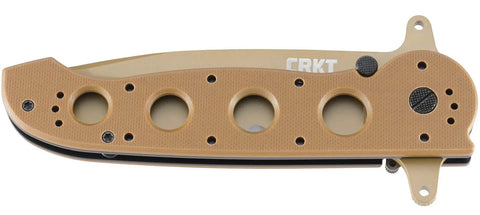 M16-14DSFG Folding Knife With Liner Lock And Veff Serrations, folded with desert tan G10 handle visible