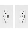 Three Port Type C And A Usb Charging Outlet With Screwless Wall Plate 15 Amp Receptacle Surge Protection White Two Pack showing dual USB ports.