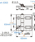 Heavy Duty Aluminum Butterfly Hinge 63 To 78 Mm, 180 To 220 N Load, Symmetrical Waist Hole, For Doors Windows Cabinets And Furniture, Black Anodized Finish, Smooth Operation, Built To Last. technical drawing with 63mm size and 2-Ø6.5 holes
