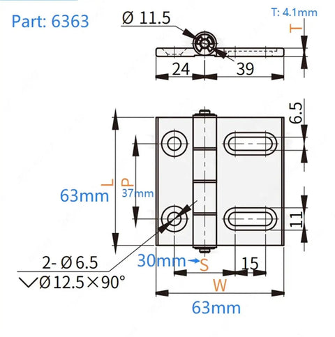 Heavy Duty Aluminum Butterfly Hinge 63 To 78 Mm, 180 To 220 N Load, Symmetrical Waist Hole, For Doors Windows Cabinets And Furniture, Black Anodized Finish, Smooth Operation, Built To Last. technical drawing with 63mm size and 2-Ø6.5 holes
