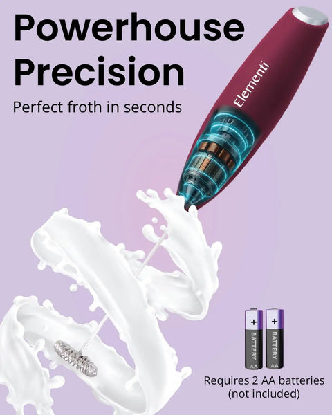 Elementi Handheld Electric Drink Mixer Wand With High Speed Motor For Frothing Milk Blending Protein Shakes And Whisking Cocktails with splashes of milk.