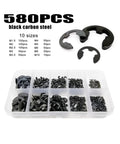 580 Piece External Retaining Ring Kit Set Box Black Carbon Steel E Clips Circlips For Shafts Bearings Pulleys Gears And Machinery 1.5 To 10mm Range Ready To Go displayed with box compartments and sizes