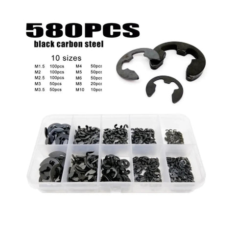 580 Piece External Retaining Ring Kit Set Box Black Carbon Steel E Clips Circlips For Shafts Bearings Pulleys Gears And Machinery 1.5 To 10mm Range Ready To Go displayed with box compartments and sizes