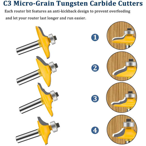 Four Piece One Quarter Inch Shank Router Bit Set for door and drawer front edging, miter frame, crown molding, carbide CNC cutting.