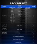 Front view of Orion Motor Tech SAE Tap and Die Set package list with taps and dies chart, wrenches, gauge, and case.