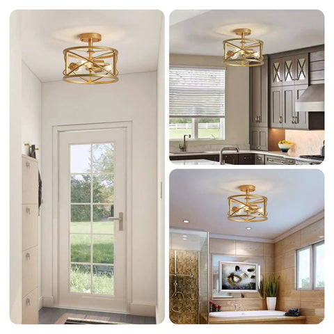3 Light Vintage Farmhouse Industrial Dope Semi Flush Mount Ceiling Light In Gold Finish, E26 Base, in foyer, kitchen, and bathroom