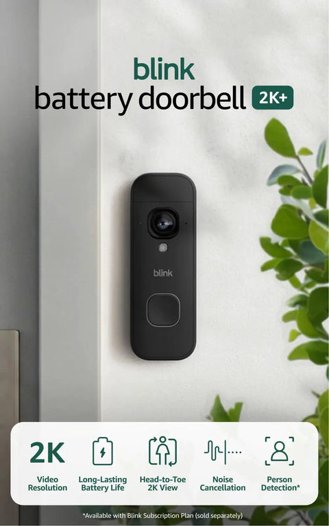 Wireless Video Doorbell Packing 2K Resolution And Long Battery Life With Snappy Audio Clarity Head To Toe Frame Smart Motion Alerts Installs Like A Breeze Includes Sync Module Core Matte Black mounted on wall.