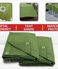 10x16 Foot Canvas Tarp 12 Oz Tough As Nails Heavy Duty Water Resistant With Breathable Fabric And Double Stitched Seams In Olive Green For All Weather Outdoor Use Camping Truck Bed Roofs And Workshop Cover showing folded tarp with metal grommet, tent shade and material protect uses