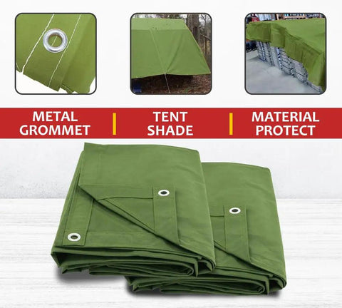 Beefy Heavy Duty 12x20 Olive Green Polyester Tarp 12oz Water Resistant, showing metal grommet, tent shade, material protection