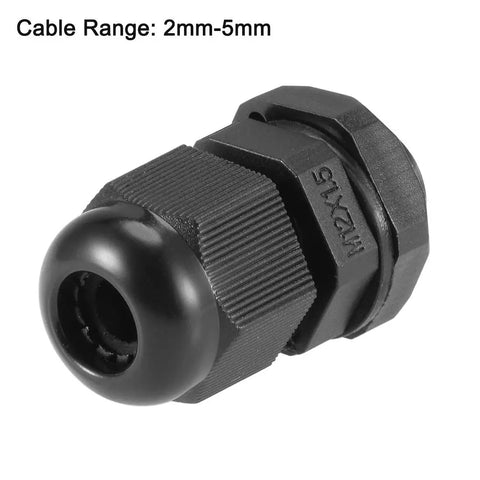 Black M12x1.5 cable gland for 2mm to 5mm wire hole, waterproof nylon joint with adjustable locknut and washer, 10 pieces set
