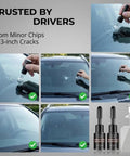 Windshield Crack Repair Kit With 2026 Upgraded Glass Repair Fluid for car windows, showcasing application process and final finish.