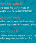 Text detailing micro sparkwheel, light-me tinder, and base case for Emergency Survival Blanket Tarp Two Point Zero.
