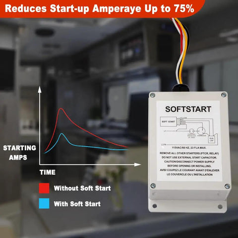 AC Capacitor Soft Start Control Kit For Coleman Mach Air Conditioners, showing startup amperage reduction graph and control unit