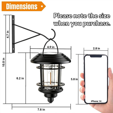 Dimensions of 2 Pack Solar Lanterns For Outdoor Spaces With Wall Mount And Hanging Options, Warm White Edison Bulb Lights shown with iPhone.