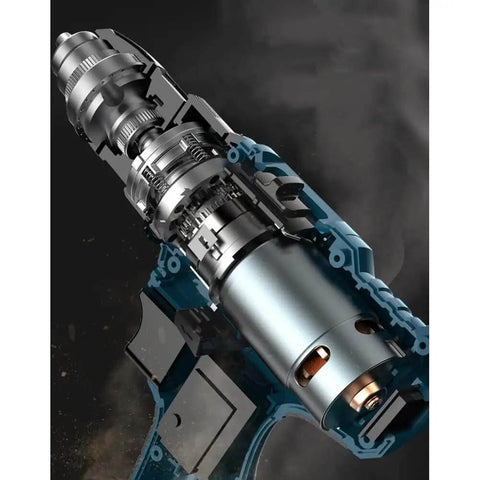 Premium Multifunctional Cordless Electric Drill Kit Featuring Badass Torque Copper Core Motor Quick Charge Battery Life detailed internal view.