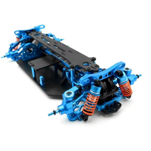 Carbon Fiber and Metal RC Chassis Frame for TT02 1/10 Scale, Sick Upgrade Kit with blue metal and orange coil spring shocks