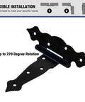 Black iron hinge demonstrating 270 degree rotation for 4 Pack Heavy Duty 6 Inch T Strap Gate Hinges 2mm Thick Universal Barn Shed Door Hardware.