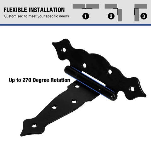 Black iron hinge demonstrating 270 degree rotation for 4 Pack Heavy Duty 6 Inch T Strap Gate Hinges 2mm Thick Universal Barn Shed Door Hardware.