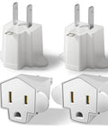 Hella Durable 3 Prong To 2 Prong Outlet Adapter And Fireproof Polarized Splitter Converter Built Tough For Heavy Duty Wall Plug Tasks At Home Provides Rock Solid 1875 Watt Power In A 4 Pack, showing four white adapters.