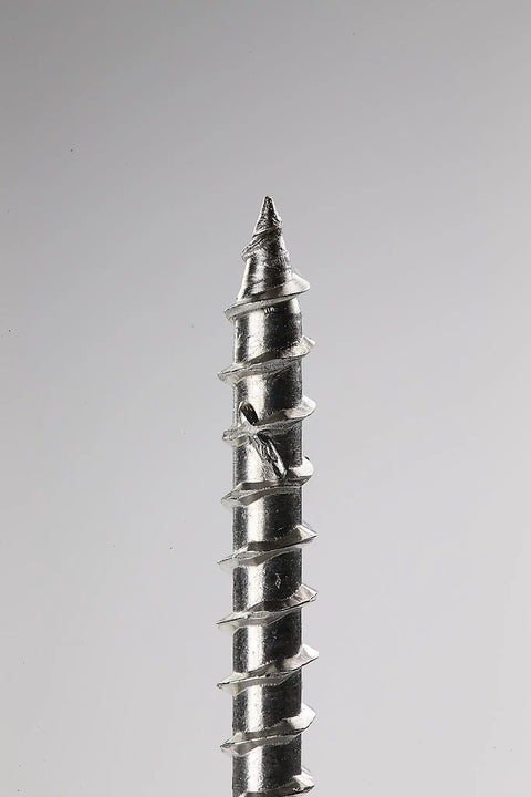 Close-up of Badass Premium 14 X 5 Inch Type 316 Marine Grade Stainless Steel Wood Screws T27 Flat Head, showing sharp tip.