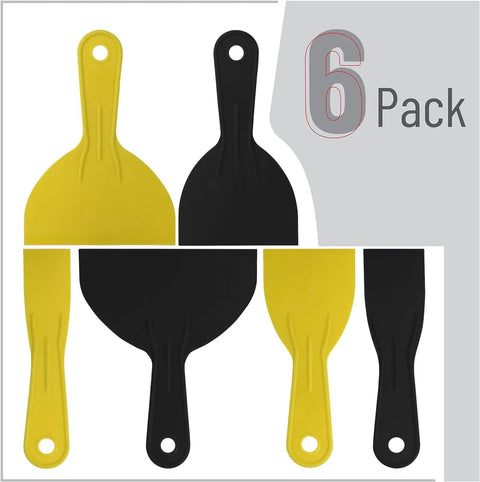 Six Piece Plastic Putty Knife Set With Black And Yellow Handles For Smooth Spackle, Paint Scrapers, And Spreading On Walls And Ceilings