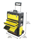 On The Go Stackable Toolbox With Rolling Wheels And Comfort Grip Handle, heavy-duty mobile organizer, yellow with open compartments