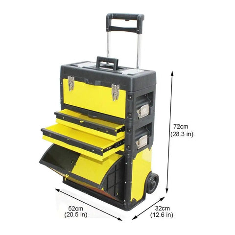 On The Go Stackable Toolbox With Rolling Wheels And Comfort Grip Handle, heavy-duty mobile organizer, yellow with open compartments