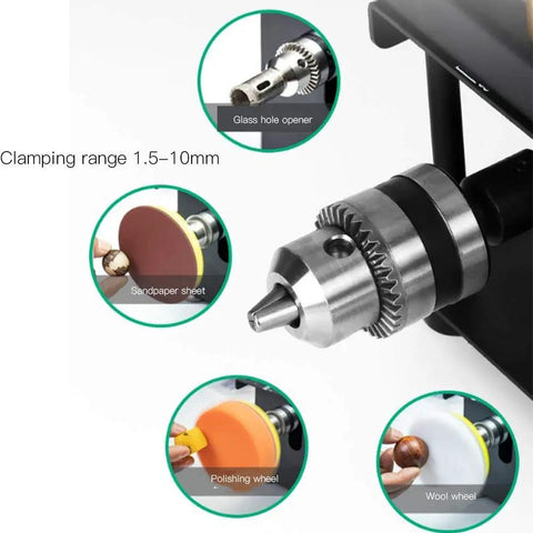 Sliding Compound Miter Saw For Home Shop Multifunction Mini Table Saw With 3000RPM 35mm Cutting Depth 0 To 90 Degree Bevel Extensible Table Crosscutting Versatility Boss Level Material Cutting Tool showing drill chuck and attachments.