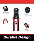 Ratcheted Pass Through RJ45 Crimp Tool With Built In Stripper And Cutter For Unshielded And Shielded Modular Plugs Delivers Proper Pin Seating Built In Strain Relief Perfect For Ethernet Cabling S45 C100 Compatible displayed with features labeled.