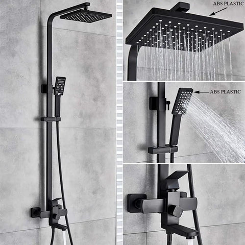 UMJIGF Matte Black Shower System with Cold and Hot Water Shower Faucet Set and multifunction handheld shower detail image.