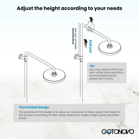 Adjustable height diagram for Antique Brass 8 Inch Round Rain Shower Head Kit With Tub Spout And Wall Mount Three Function Metal Handheld Sprayer Dope Bathroom Upgrade With Durable Ceramic Valves For Smooth Flow And Leak Free Performance.