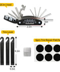 Tire Repair Tool Kit with 16-in-1 multitool, tire levers, and patches for mountain and road cycling emergency gear.