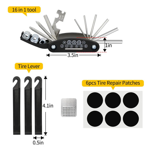 Tire Repair Tool Kit with 16-in-1 multitool, tire levers, and patches for mountain and road cycling emergency gear.