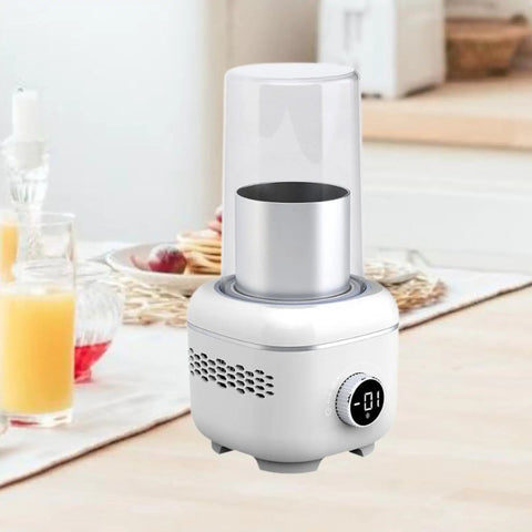 Compact Electric Cup Warmer And Chiller Plate With Digital Temperature Control in white, designed for desktop use to heat or chill beverages.
