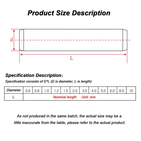 Size diagram for Dowel Marker Pins Set In Stainless Steel 304, 140 Pieces M4 Locating Assortment Kit with dimensions.