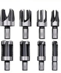Boss Level 8 Piece Plug Cutter Drill Bit Set Premium Carbon Steel Hole Saw Kit showing tapered cutting edges for woodworking.