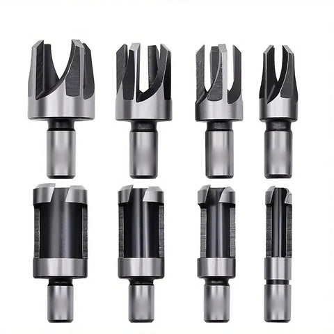 Boss Level 8 Piece Plug Cutter Drill Bit Set Premium Carbon Steel Hole Saw Kit showing tapered cutting edges for woodworking.