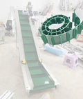 Heavy Duty Climbing Conveyor Belt Crafted From Tough PVC Rubber With High Rise Wave Baffles For Non Slip Grip And Smooth Sailing Through Food Sorting Or Industrial Transport Workloads 3.9X16.4 Feet on a steep incline.