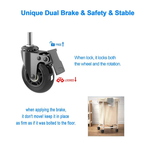 Smooth Rolling 3 Inch Swivel Caster Wheels With 5 16 18 Threaded Stem Set Of 4 Heavy Duty Dual Brake Casters showing dual lock mechanism.